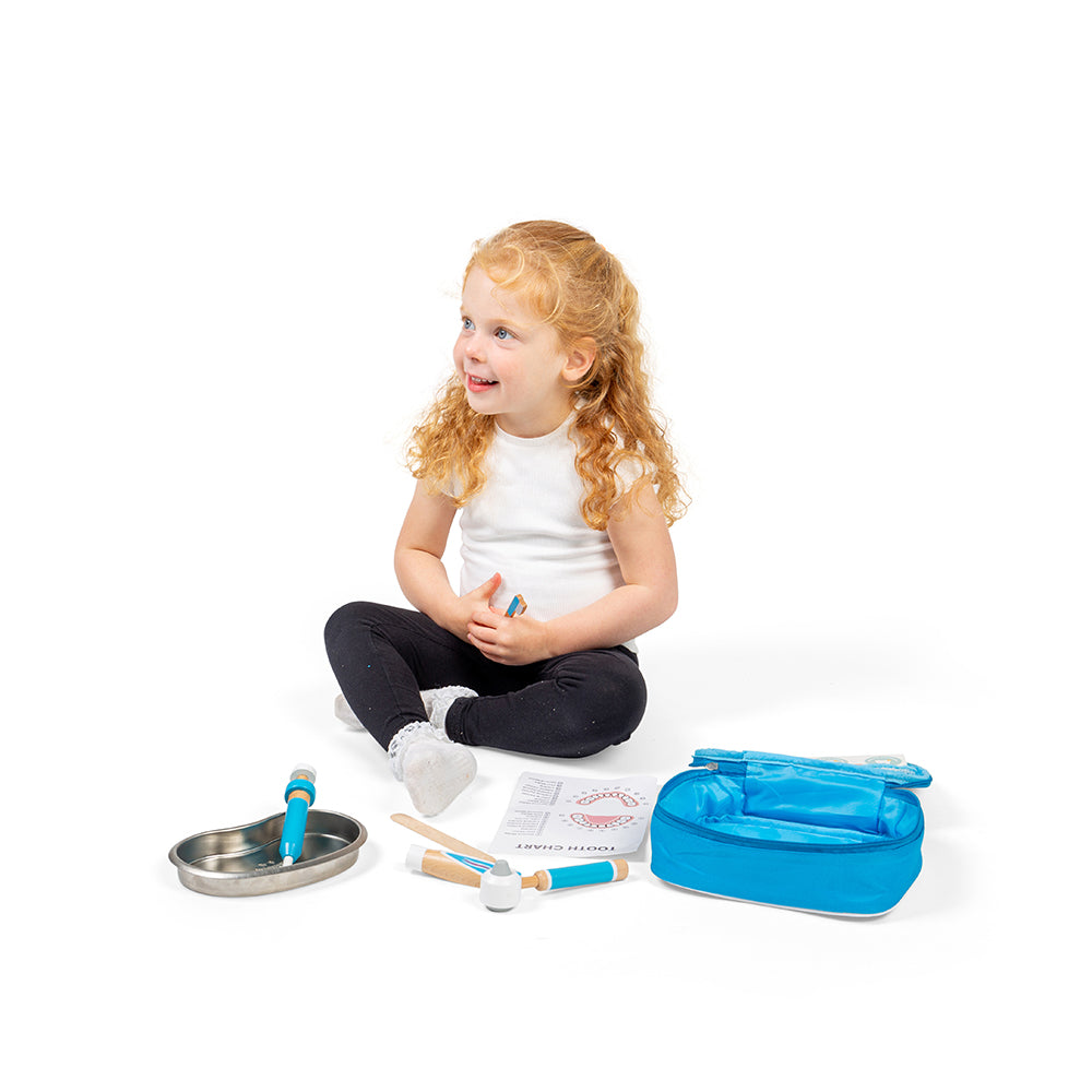 Kids Dentist Set - 12 Wooden Play Pieces & Carry Bag