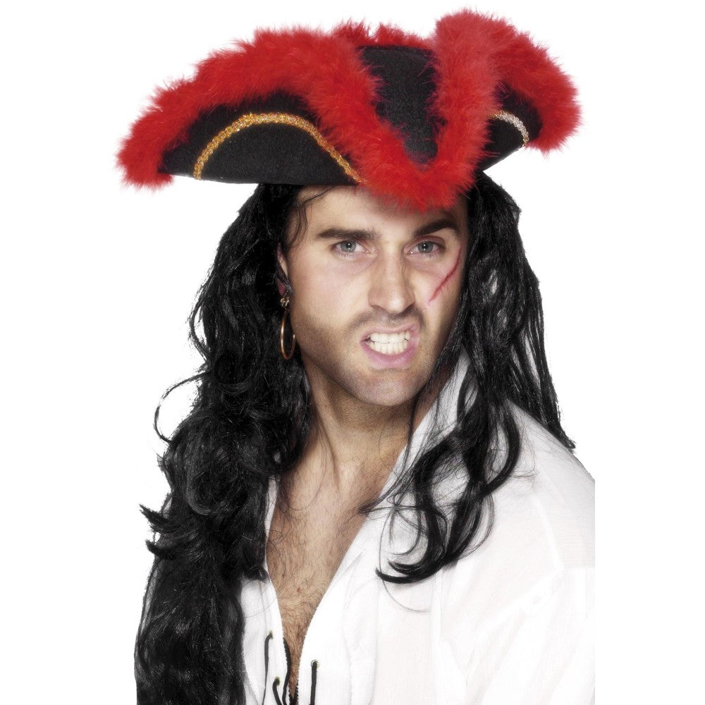 Pirate Tricorn Hat, Red Feather
