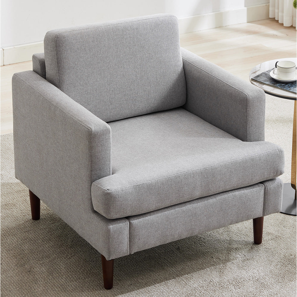 Mid-century Modern Single Sofa Chair – Linen Upholstery, High-density Foam, Walnut Legs, Comfortable Accent Chair | Light Grey