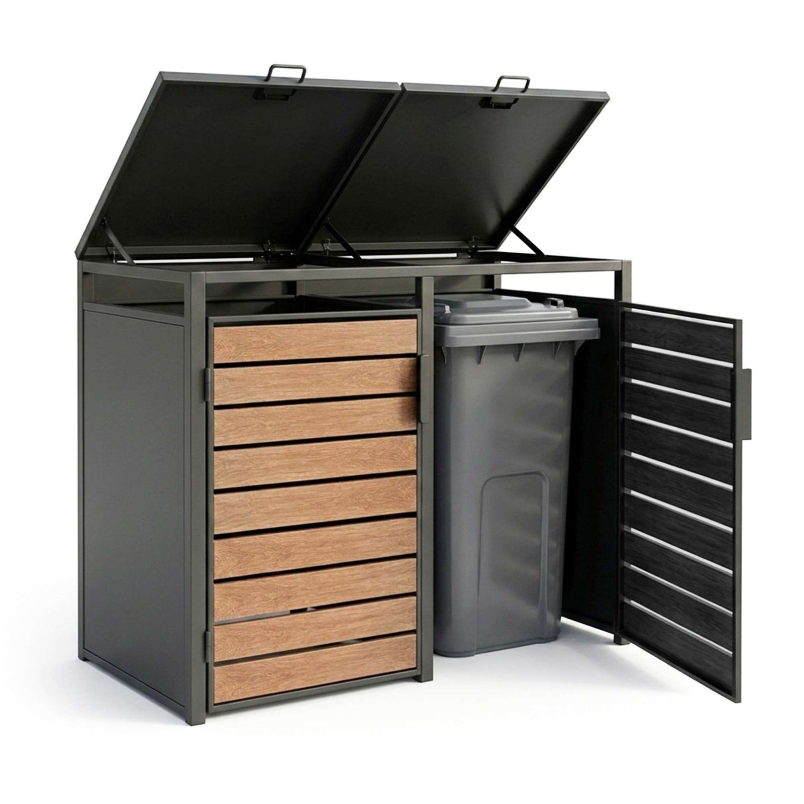 Outdoor Metal Bin Storage Double Wheelie Bin Storage Shed - Wood Slat Doors