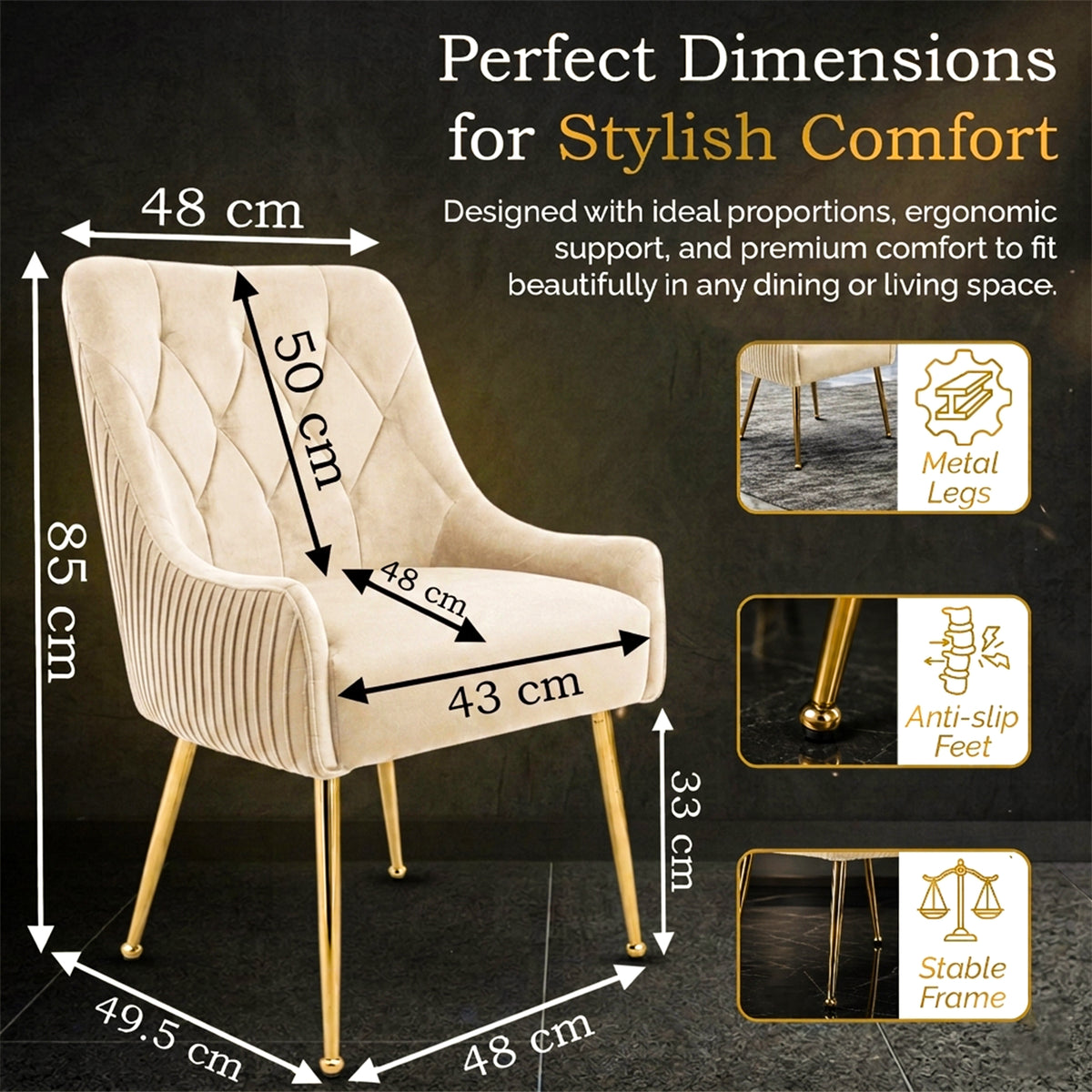 Dining Chairs Upholstered Tufted Velvet Kitchen Chairs | Set of 2 | Cream