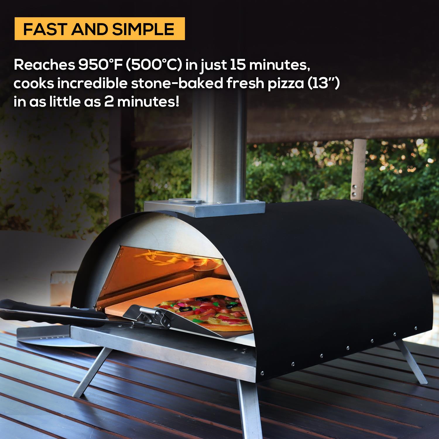 Gas & Wood Fuel Pizza Oven Built-in Thermometer & Pizza Paddle Black/silver