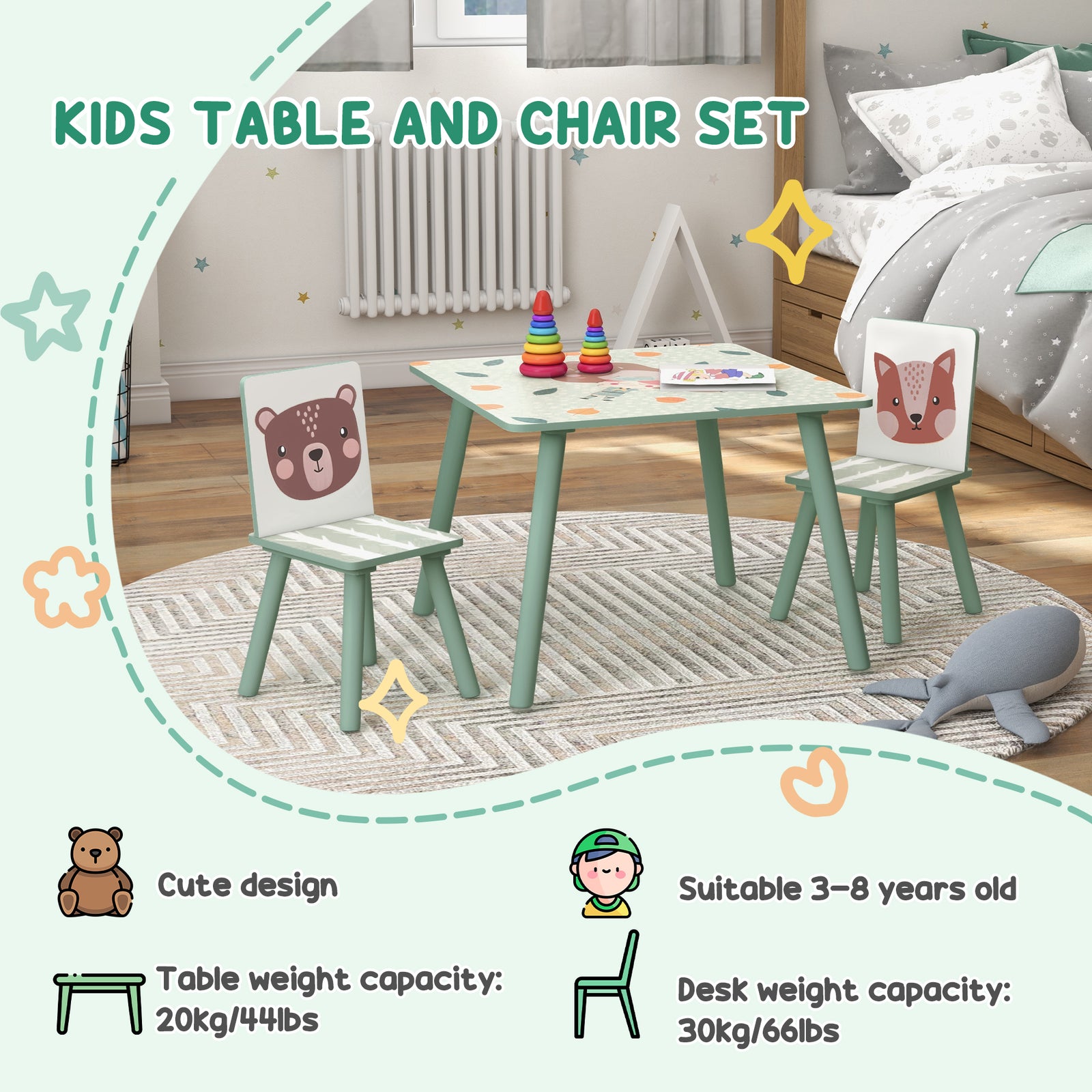 Kids Table And Chairs, Children Desk With 2 Chairs | Green