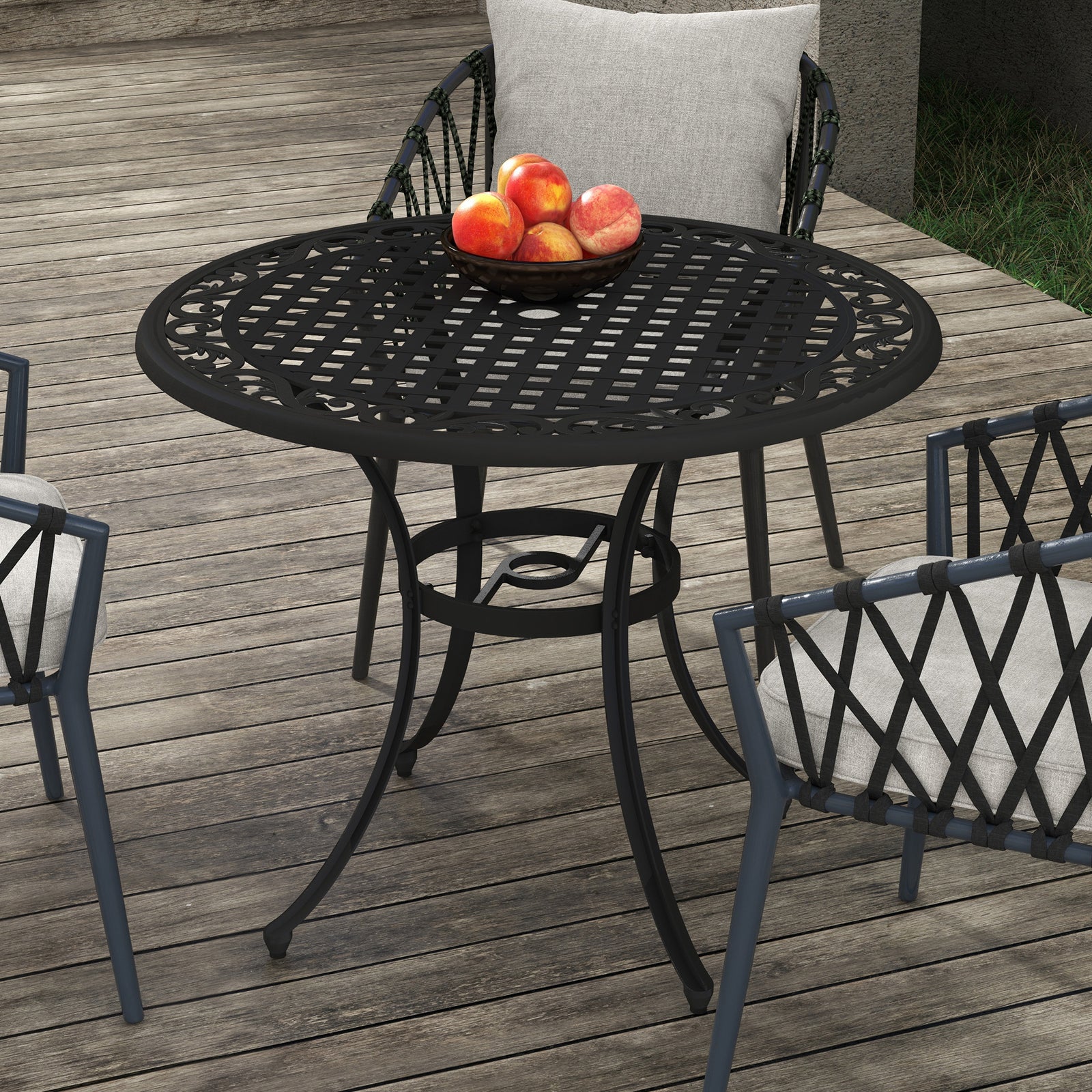Garden Table W/ Parasol Hole, Cast Aluminum, Black