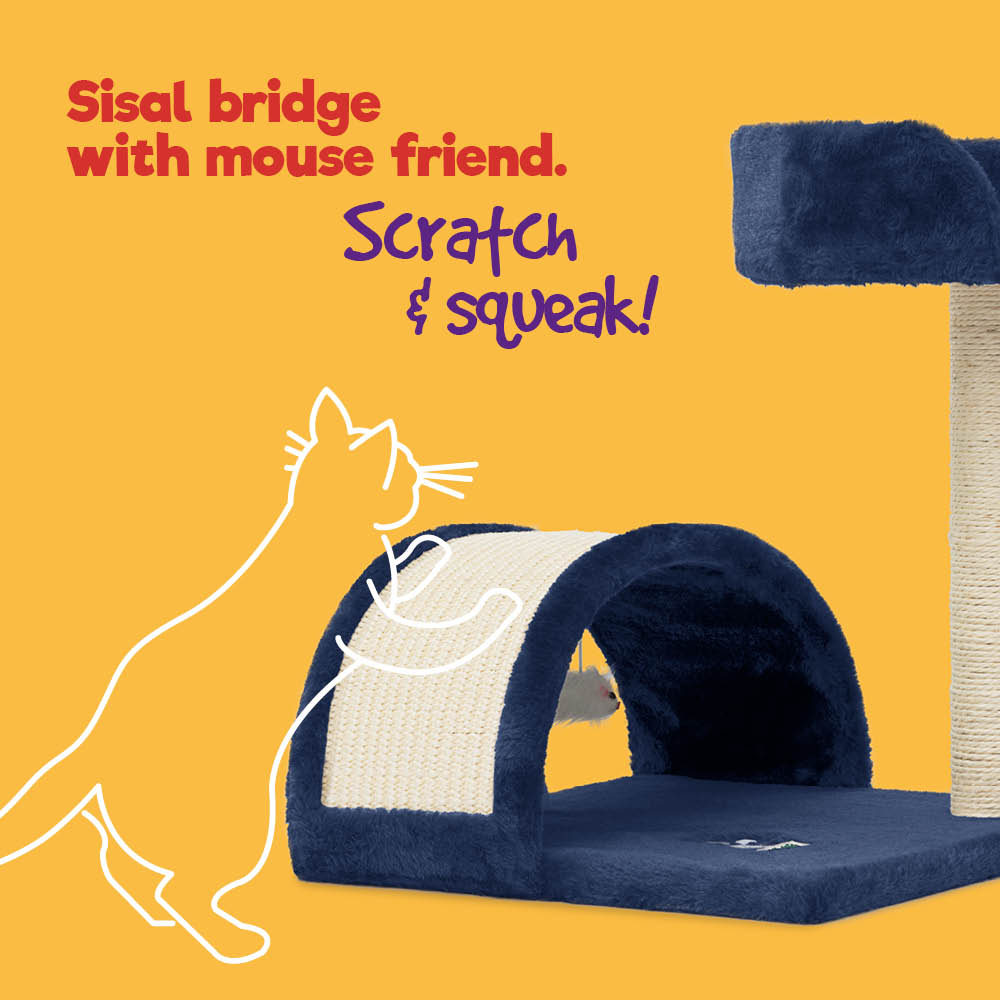 Cat Bed With Sisal Scratch Post Navy Carpeted Pet Resting Bed | One Size | Navy Blue