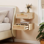 HOMCOM Floating Bedside Tables Set Of 2, Boho Nightstands With Rattan Drawer