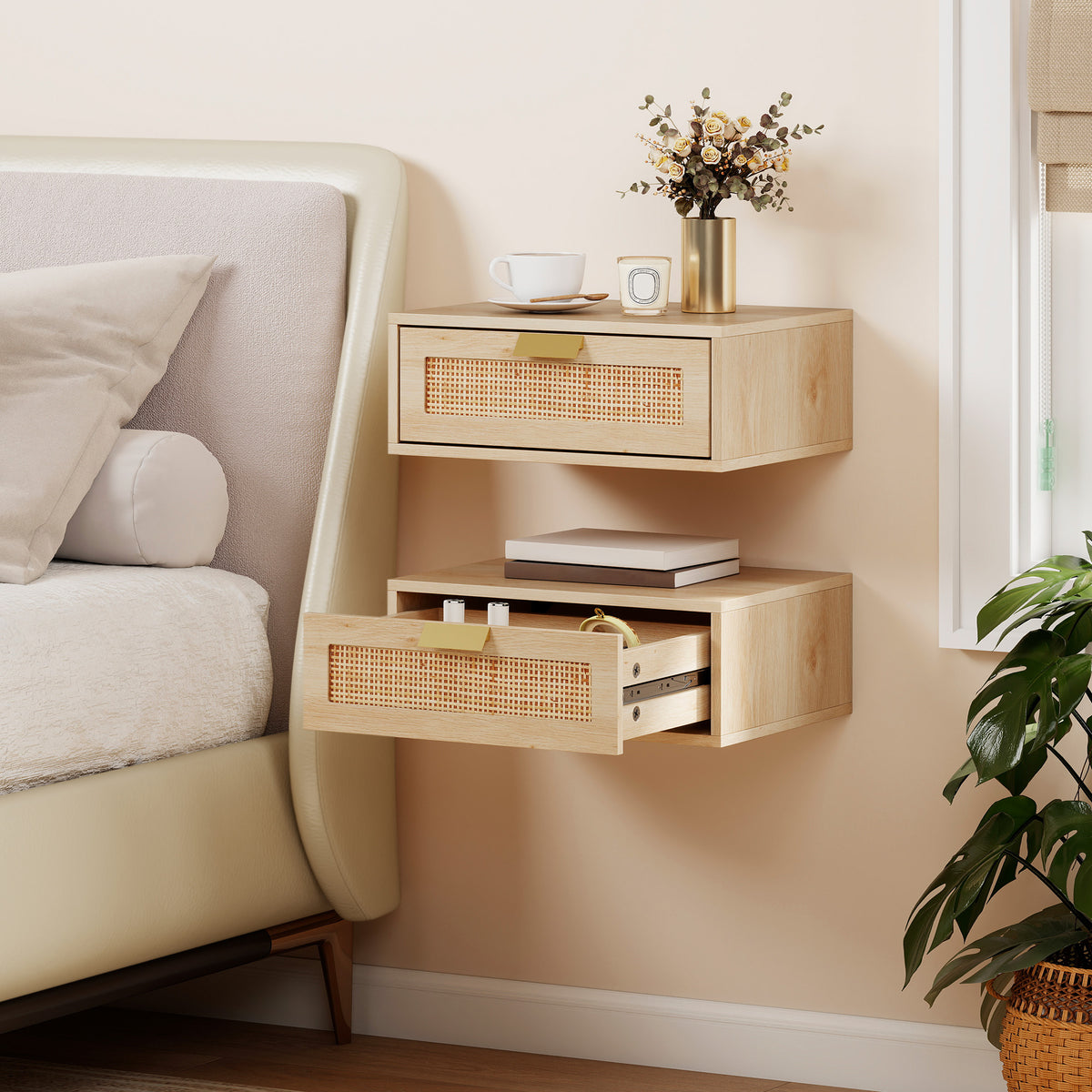 HOMCOM Floating Bedside Tables Set Of 2, Boho Nightstands With Rattan Drawer