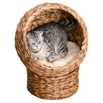 Wicker Cat House, Raised Cat Bed With Cushion, 40 X 37 X 51cm/50 X 42 X 60 Cm | Small | Brown