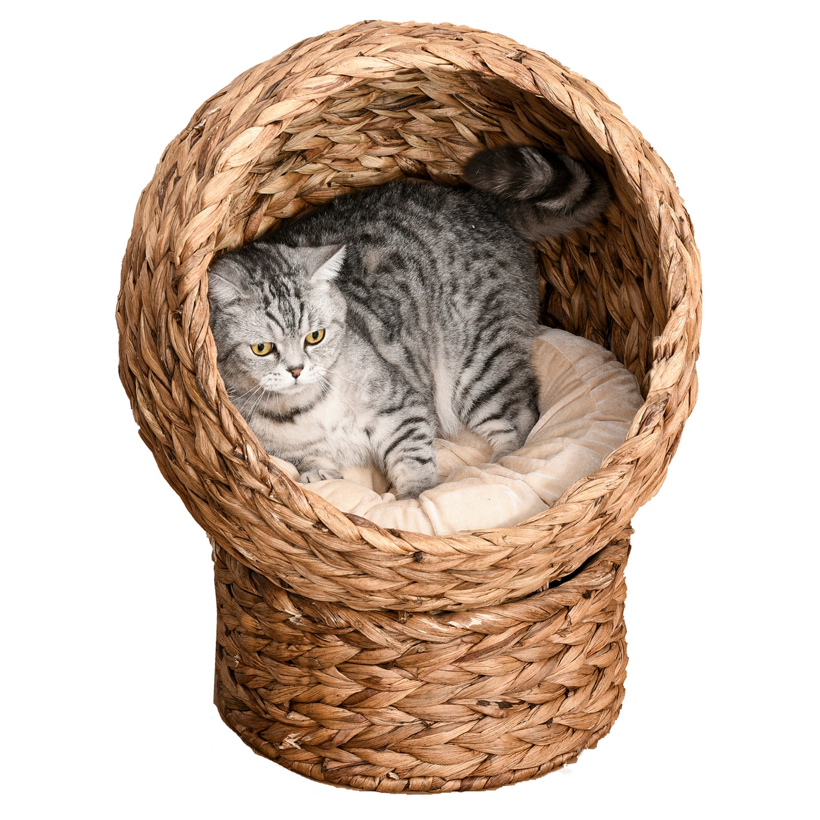 Wicker Cat House, Raised Cat Bed With Cushion, 40 X 37 X 51cm/50 X 42 X 60 Cm | Small | Brown