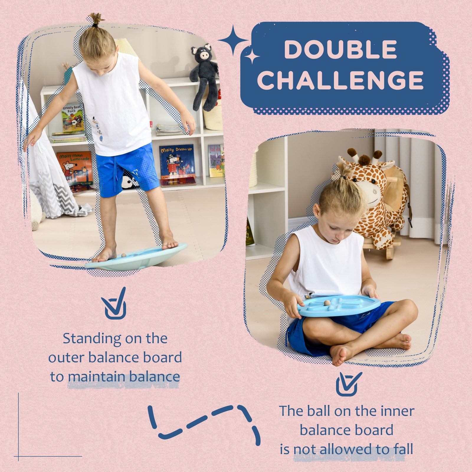 Zonekiz 2 In 1 Balance Board, Kids Wobble Board With Ball - Blue | Blue