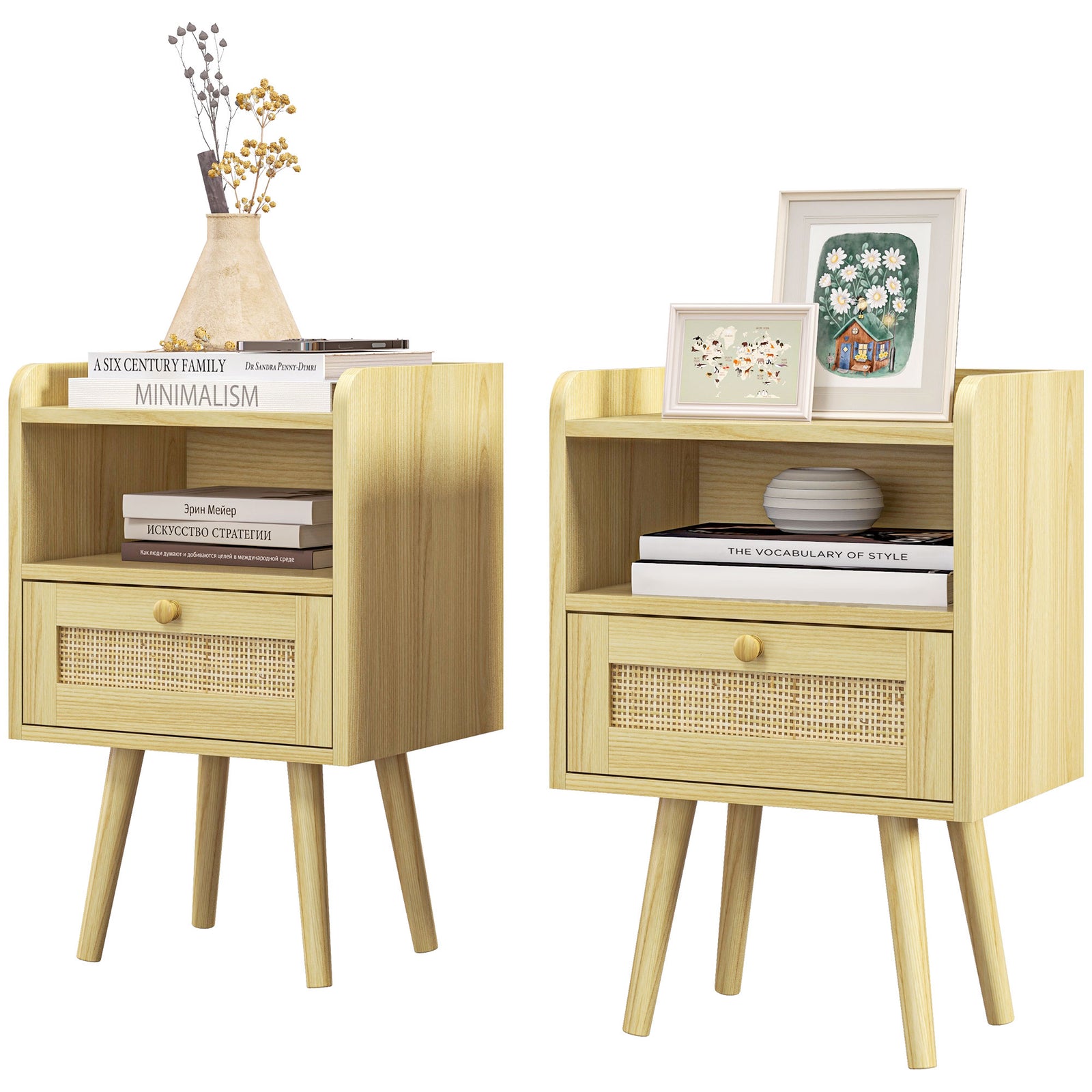 Bedside Tables, Set Of 2, Boho Side End Table W/ Drawer