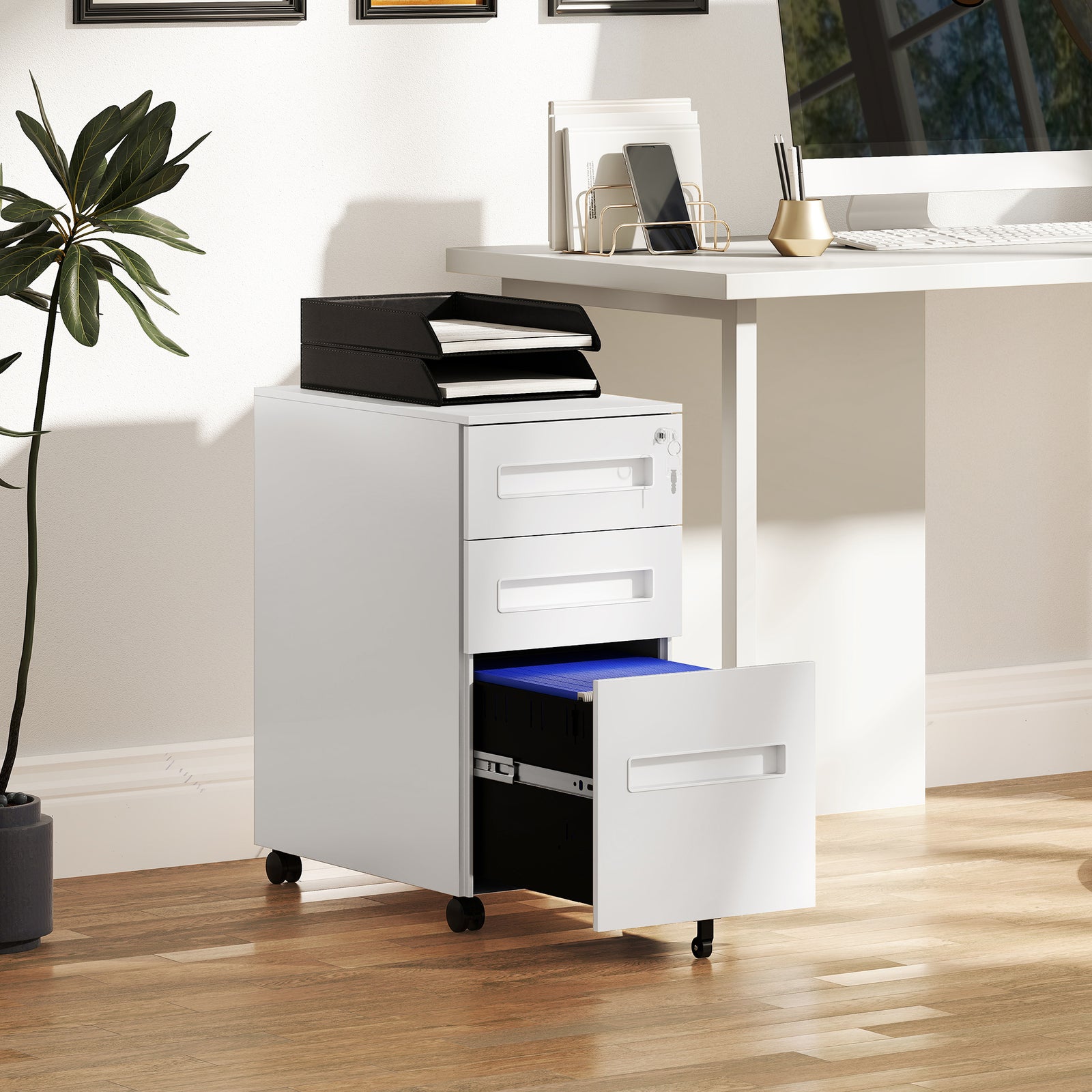 Lockable Mobile Filing Cabinet W/ 3 Drawers | Small | White