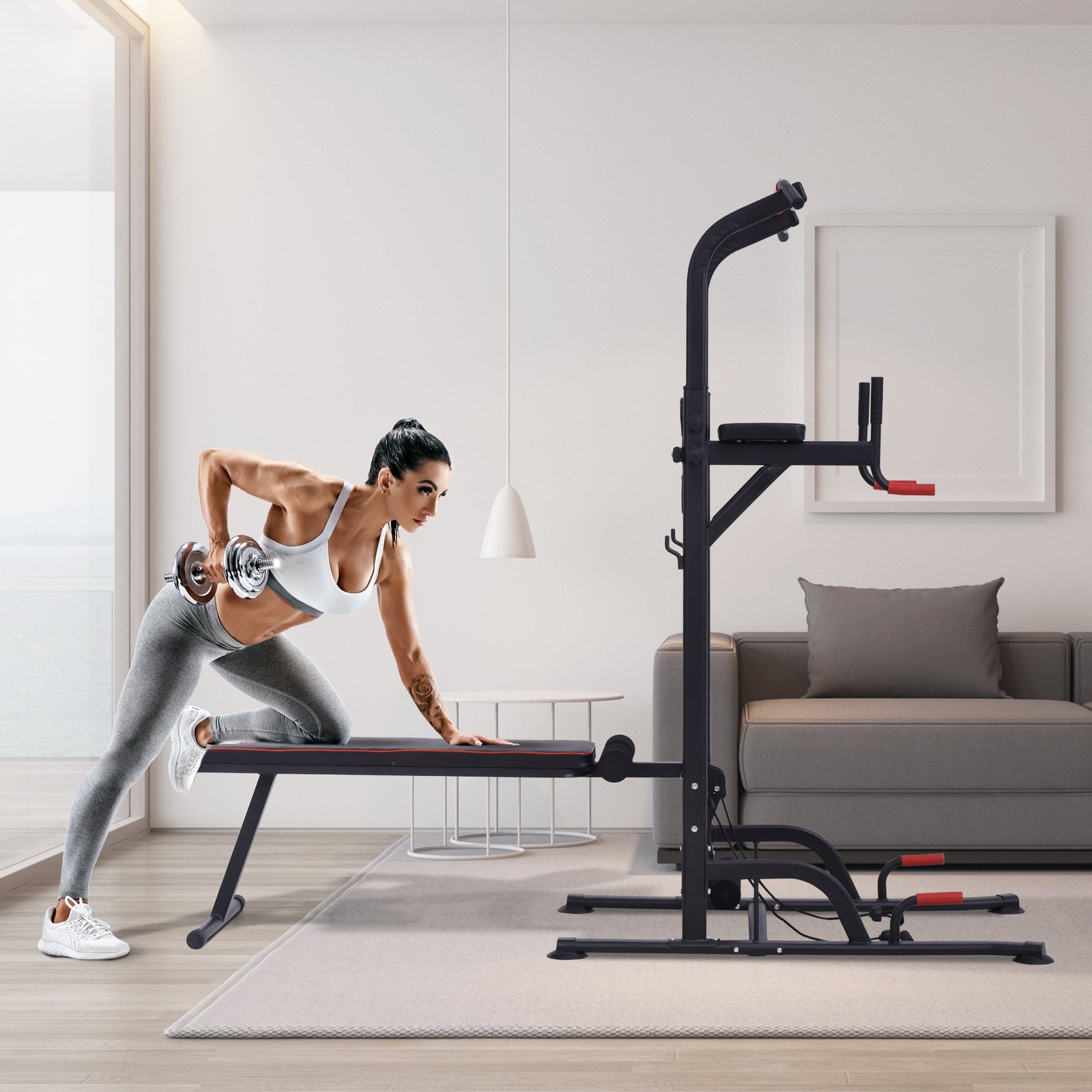 Power Tower Dip Station With Sit-up Bench And Tension Ropes | Black