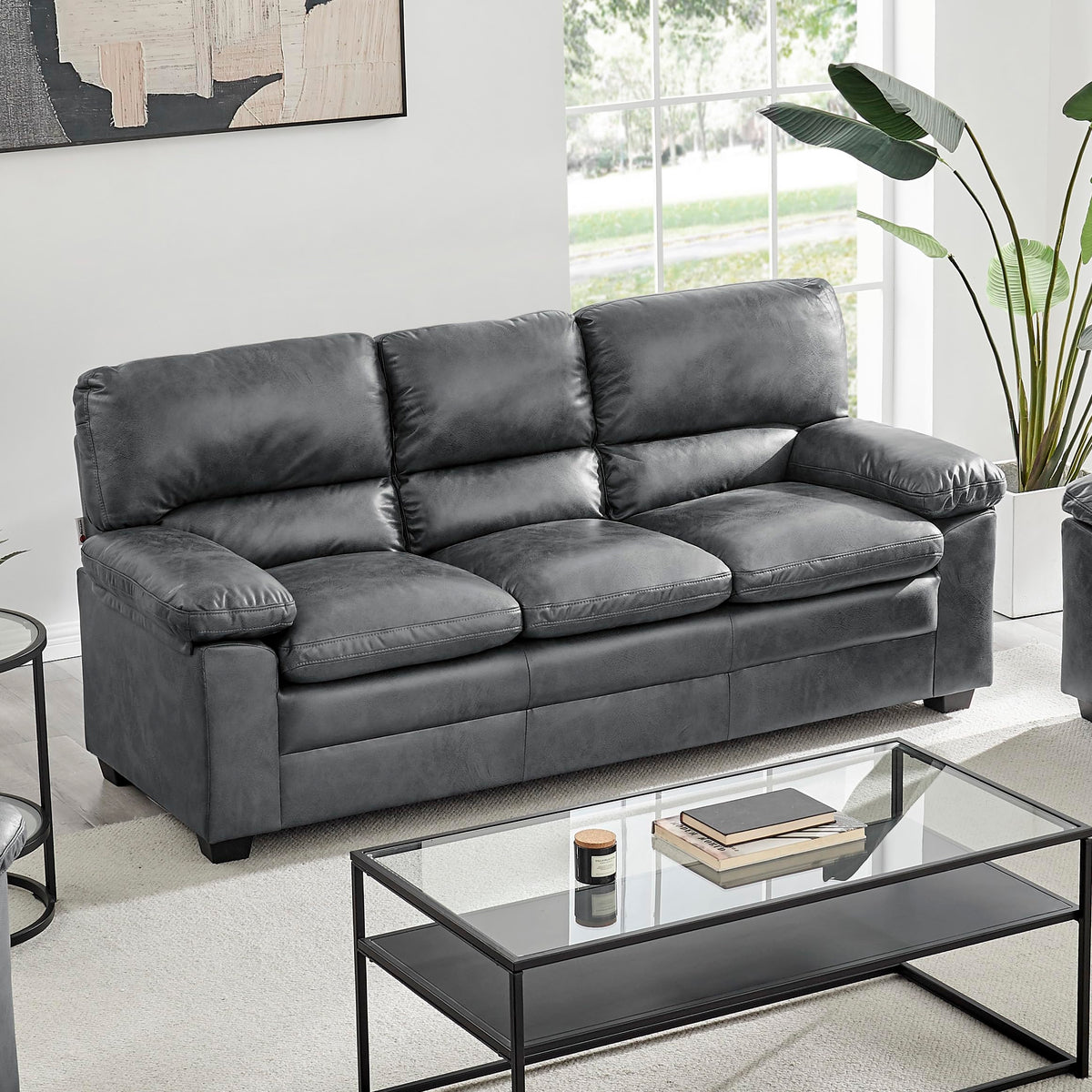 Oxford Faux Leather Sofa 3 Seater | Dark Grey