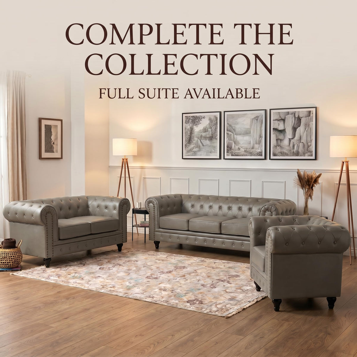 Chesterfield Scroll Arm Faux Leather Sofa 2 Seater | Grey