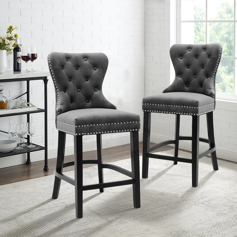 Luxury Velvet Bar Stool With Studded Backrest – Padded Seat, Solid Wood Legs & Footrest