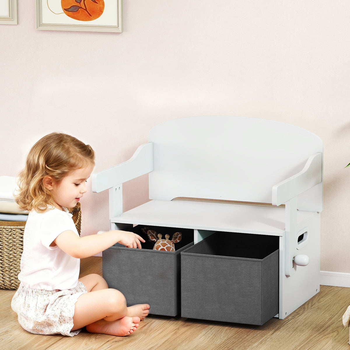 AIYAPLAY 3 In 1 Kids Storage Bench, Toddler Table And Chair Set, White