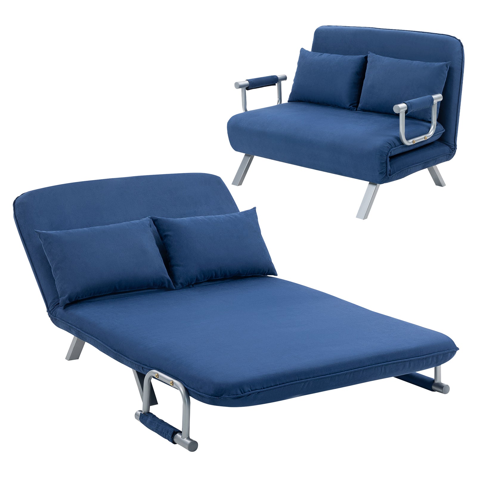 Fabric Sofa, Convertible 2 Seater Sofa Bed W/ Pillows, Dark Blue