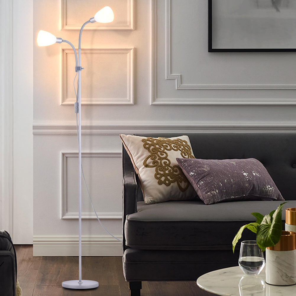 Modern Floor Lamp With Adjustable Double Heads, Metal Stand & In-line Switch | Silver Grey
