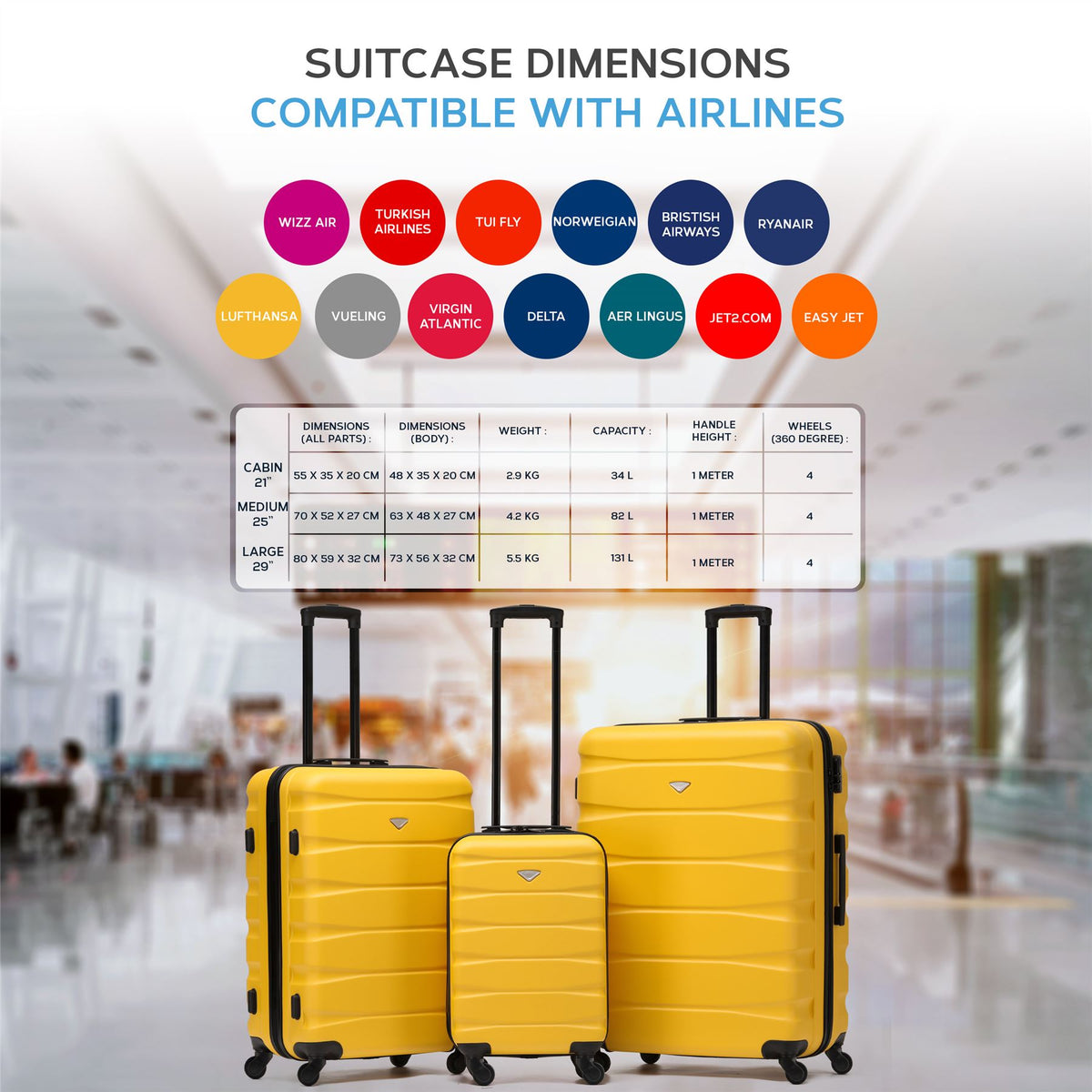 Set Of 3 Hard Shell Suitcase Cabin & Check In Cases With Tsa Lock - Overhead Cabin With Medium & Large Check-in Bag | Set of 3 | Yellow & Black