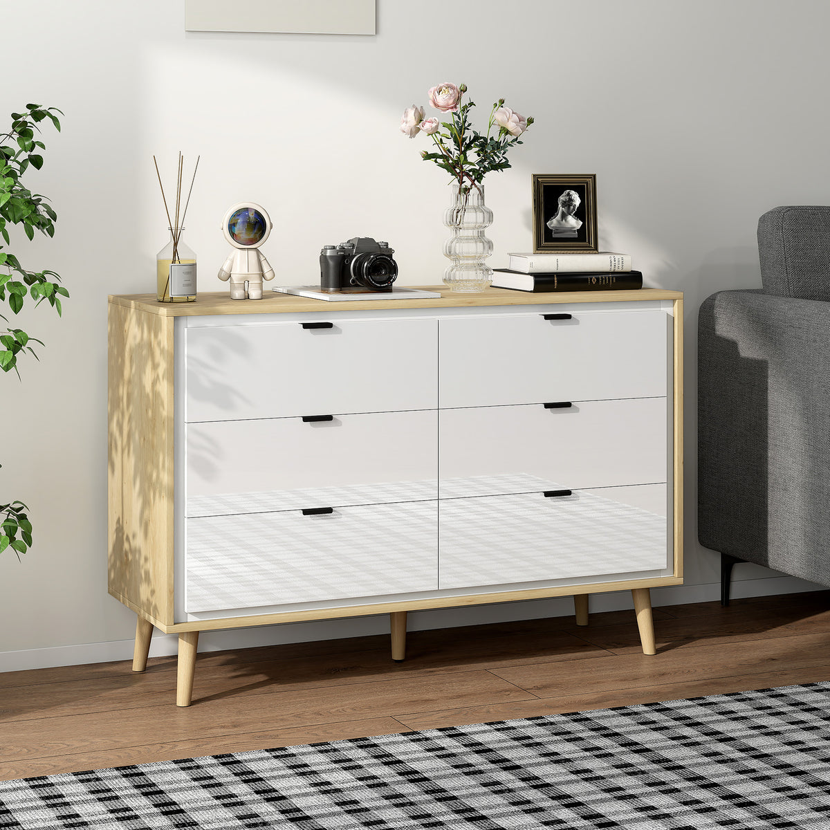 HOMCOM Storage Cabinet With 6 Drawers And 5 Legs, High Gloss White