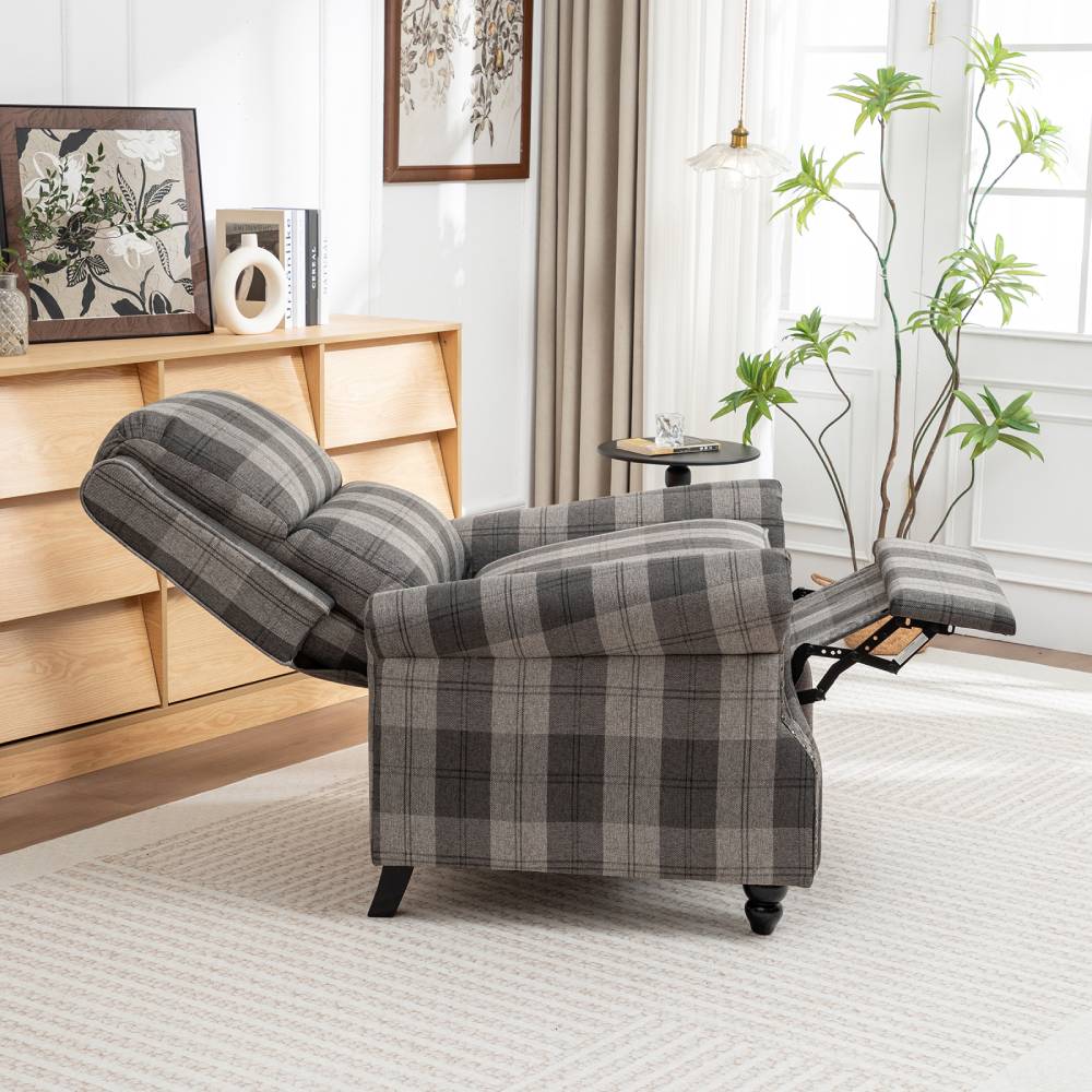 Modern Linen Upholstered Push Back Recliner Armchair With Adjustable Backrest & Hidden Footrest | Grey