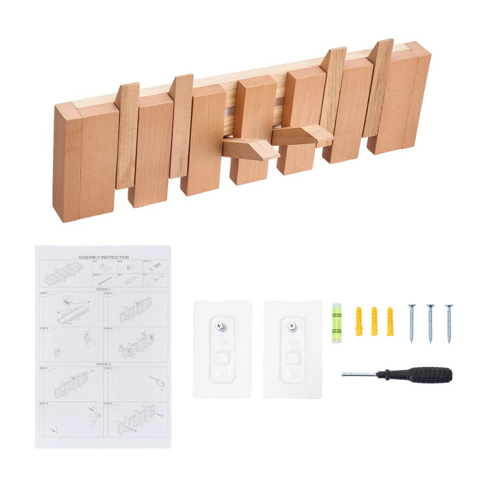 Wall-mounted Solid Wood Coat Rack With 6/8 Flip-down Hooks, Piano Key Design | Small | Natural