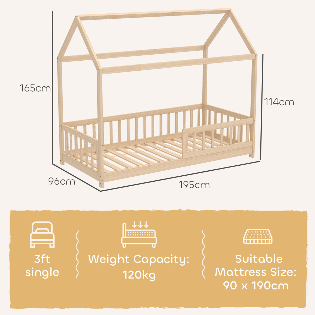 House-shaped Kids Bed Frame With Guard Rails For Boys Girls | Yellow