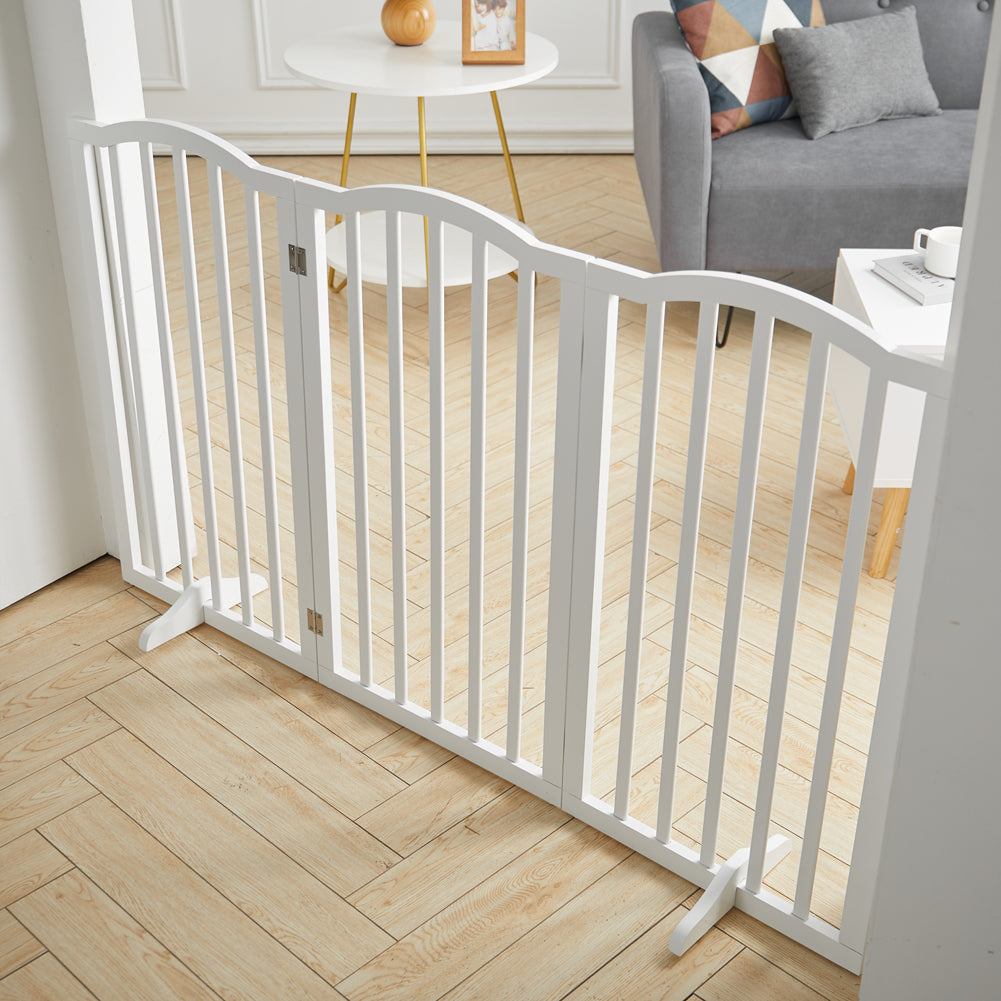 Foldable Freestanding 3/4-panel Arched Pet Gate, Indoor Safety Barrier For Doorways, Halls & Staircases | Small | White