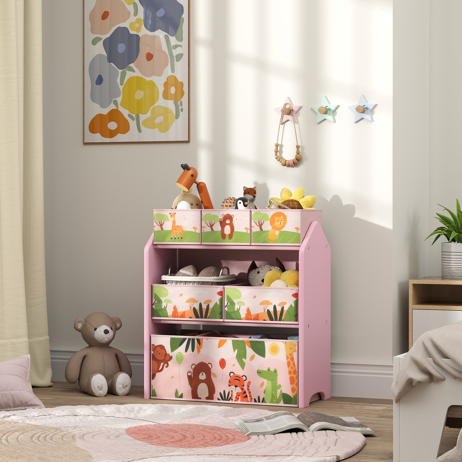 Aiyaplay Kids Toy Storage Unit With 6 Storage Boxes For Playroom, Pink