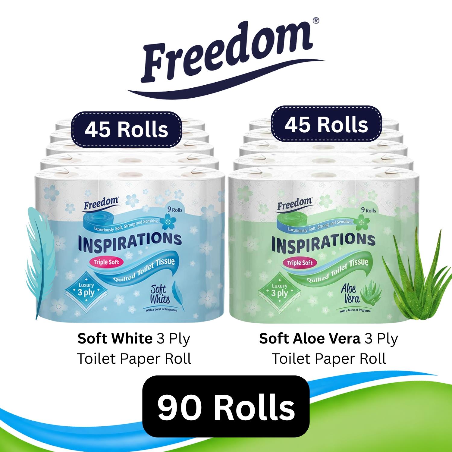 Freedom White 3-ply Toilet Paper 45 Rolls + Aloe Vera 45 Rolls