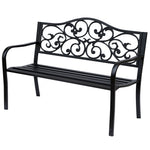 Outsunny Metal Garden Bench, Outdoor Bench With Floral Back, Black