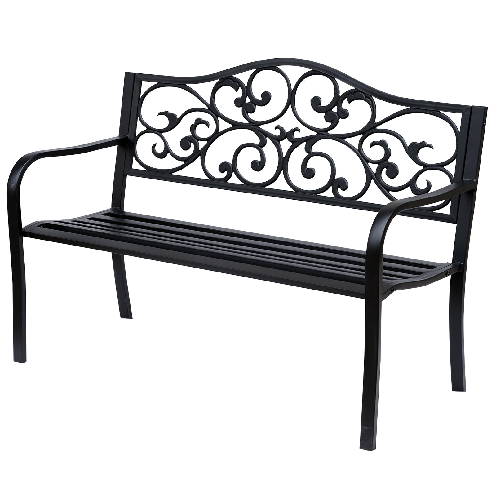 Outsunny Metal Garden Bench, Outdoor Bench With Floral Back, Black