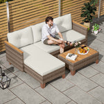 3 Pieces Rattan Lounge Set, L-shaped With Wood Table | Cream