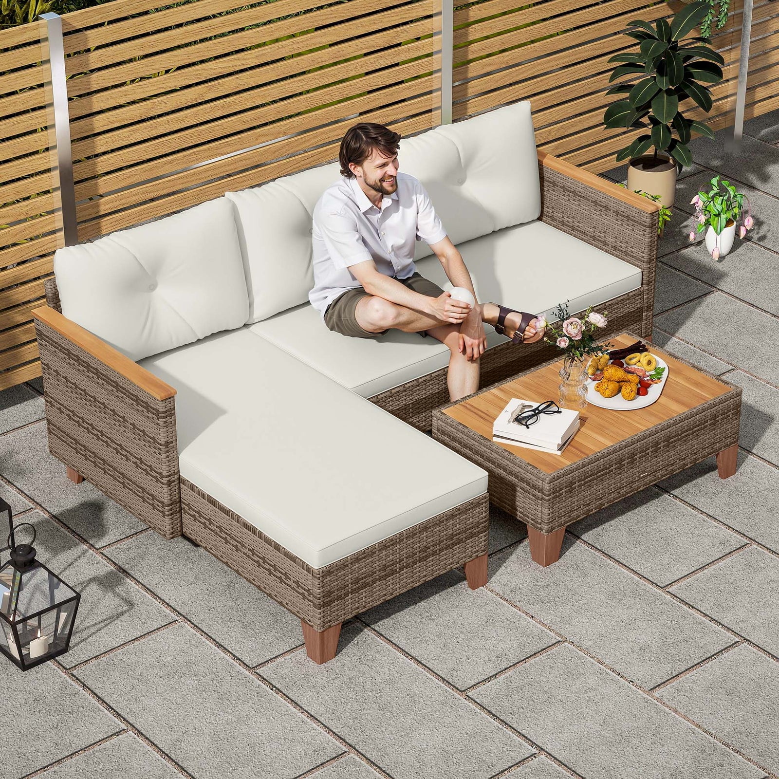 3 Pieces Rattan Lounge Set, L-shaped With Wood Table | Cream