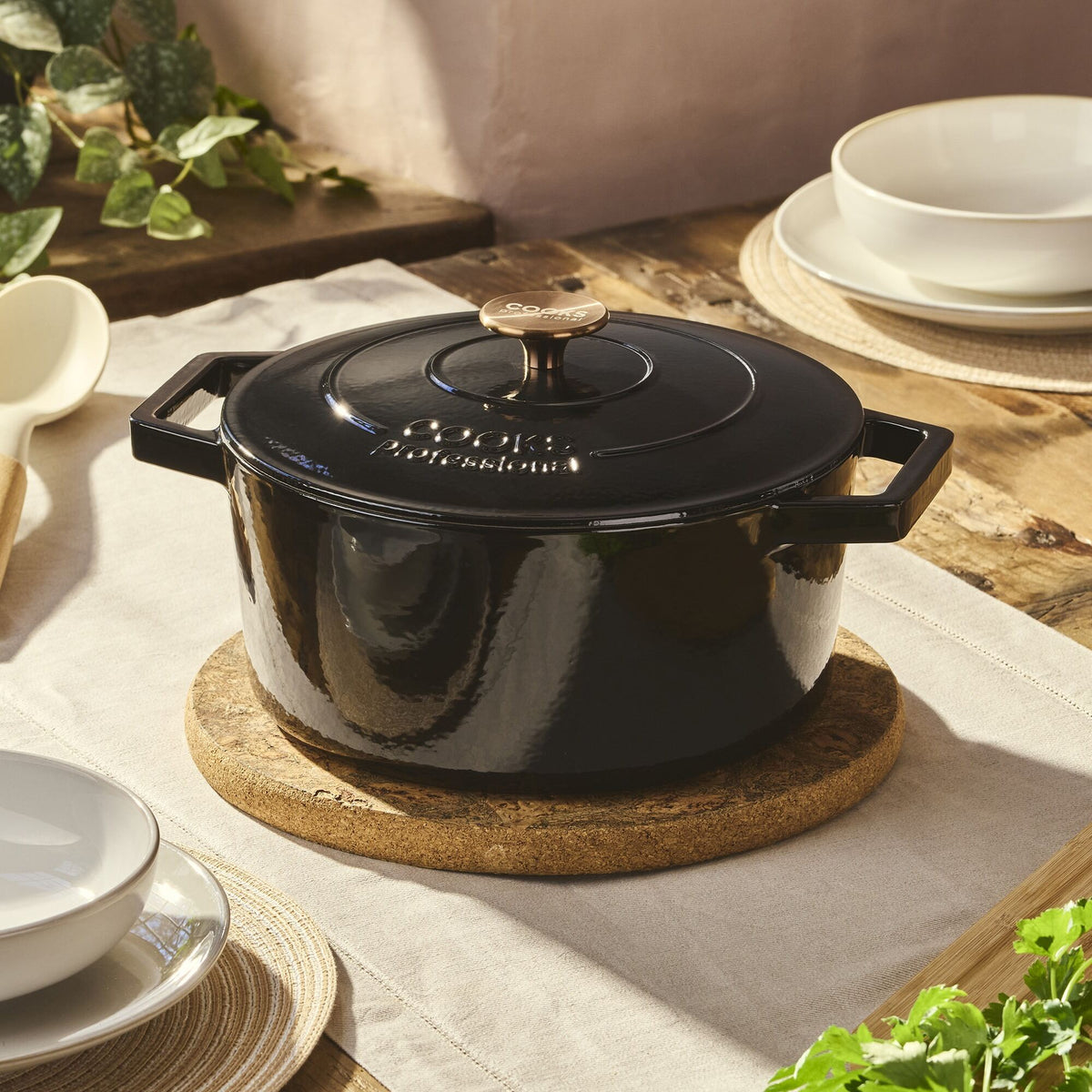 Cooks Professional Set Of 3 Cast Iron Casserole Dishes - 20, 26 & 28cm