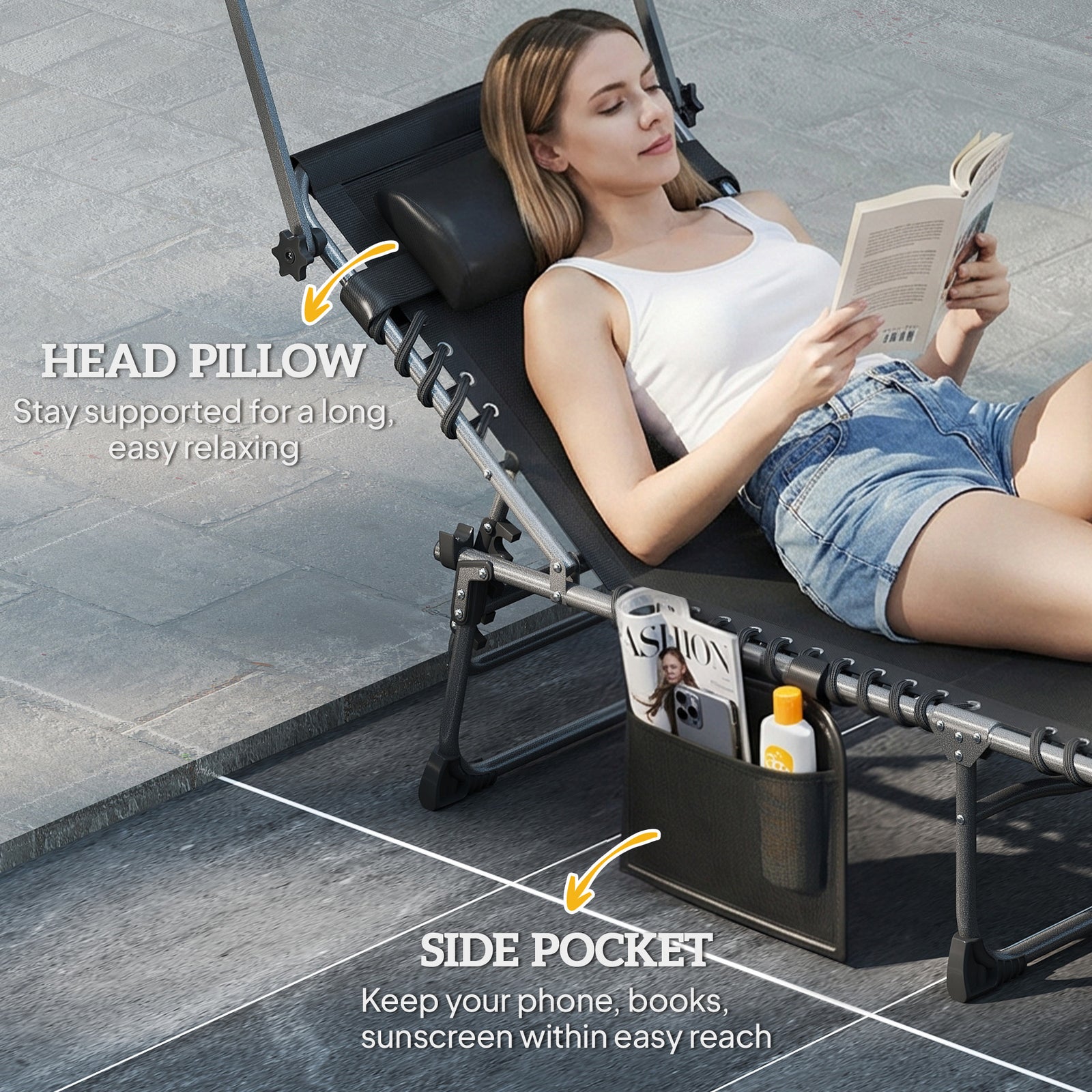 Folding Sun Lounger, Sun Bed With Canopy | Black