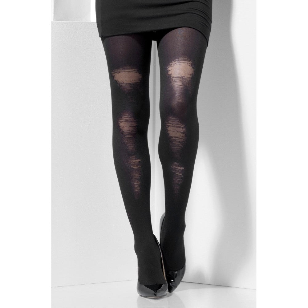 Opaque Tights, Black, With Distressed Detail