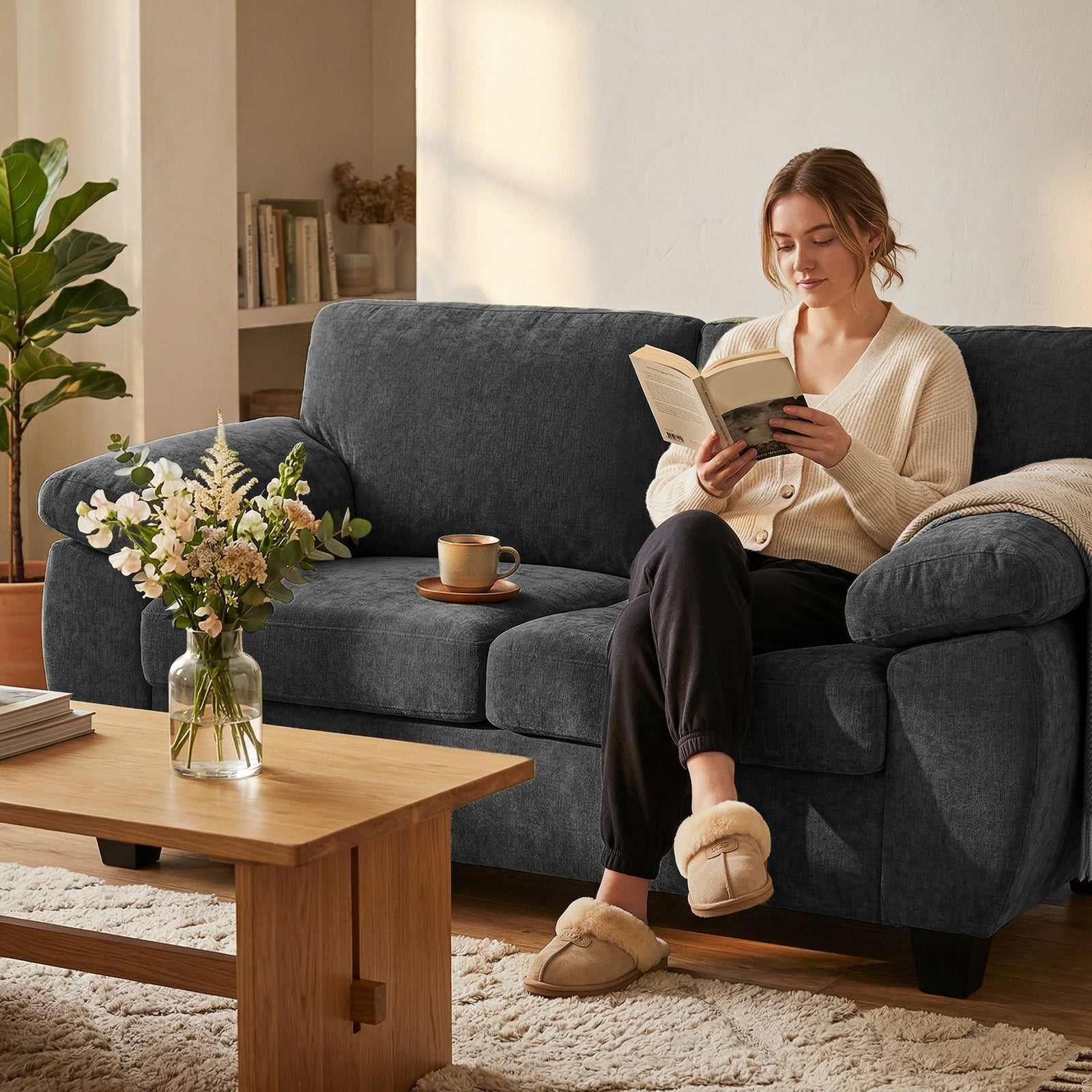 2 Seater Sofa, Chenille Small Sofa With Spring Cushions | Dark Grey