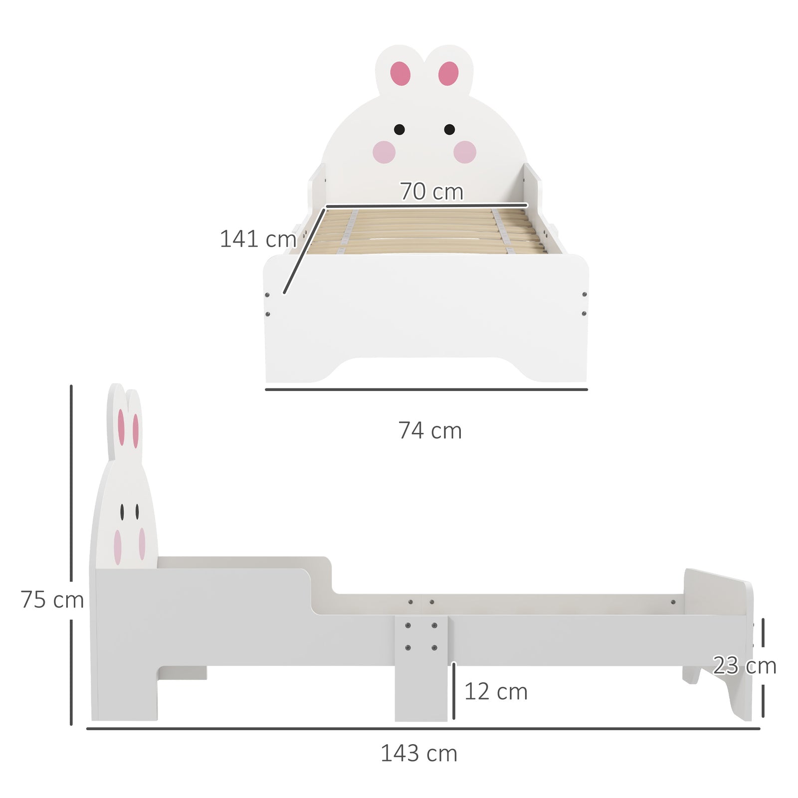 Rabbit Design Toddler Bed Frame, For Ages 3-6 Years, 143 X 74 X 75cm - White | White