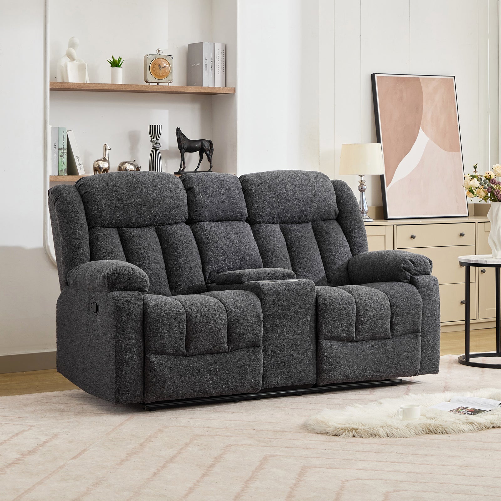 Lovell 2 Seat Manual Recliner Sofa With Central Console | Dark Grey