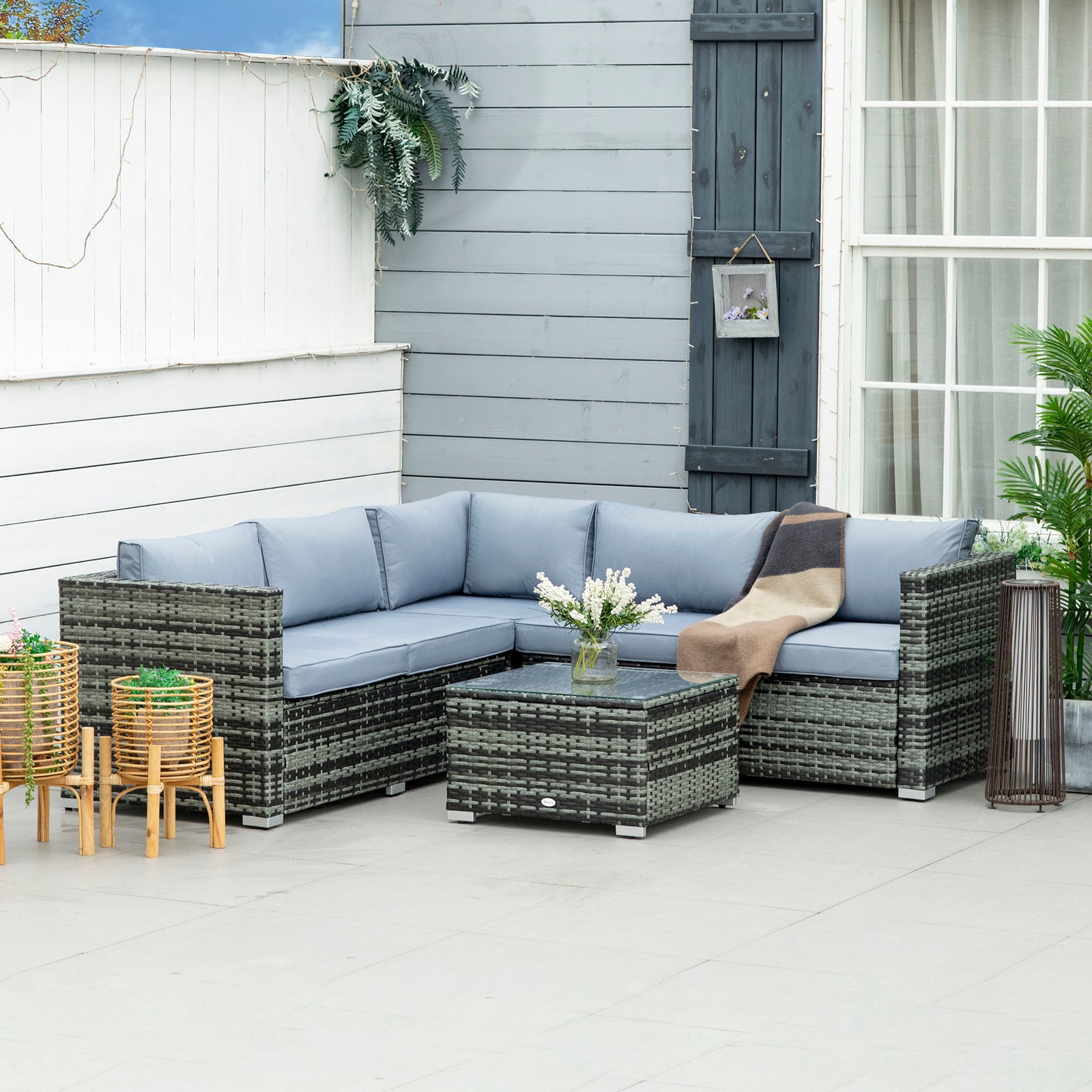 4 Pieces Rattan Set Conversation W/ Table Grey