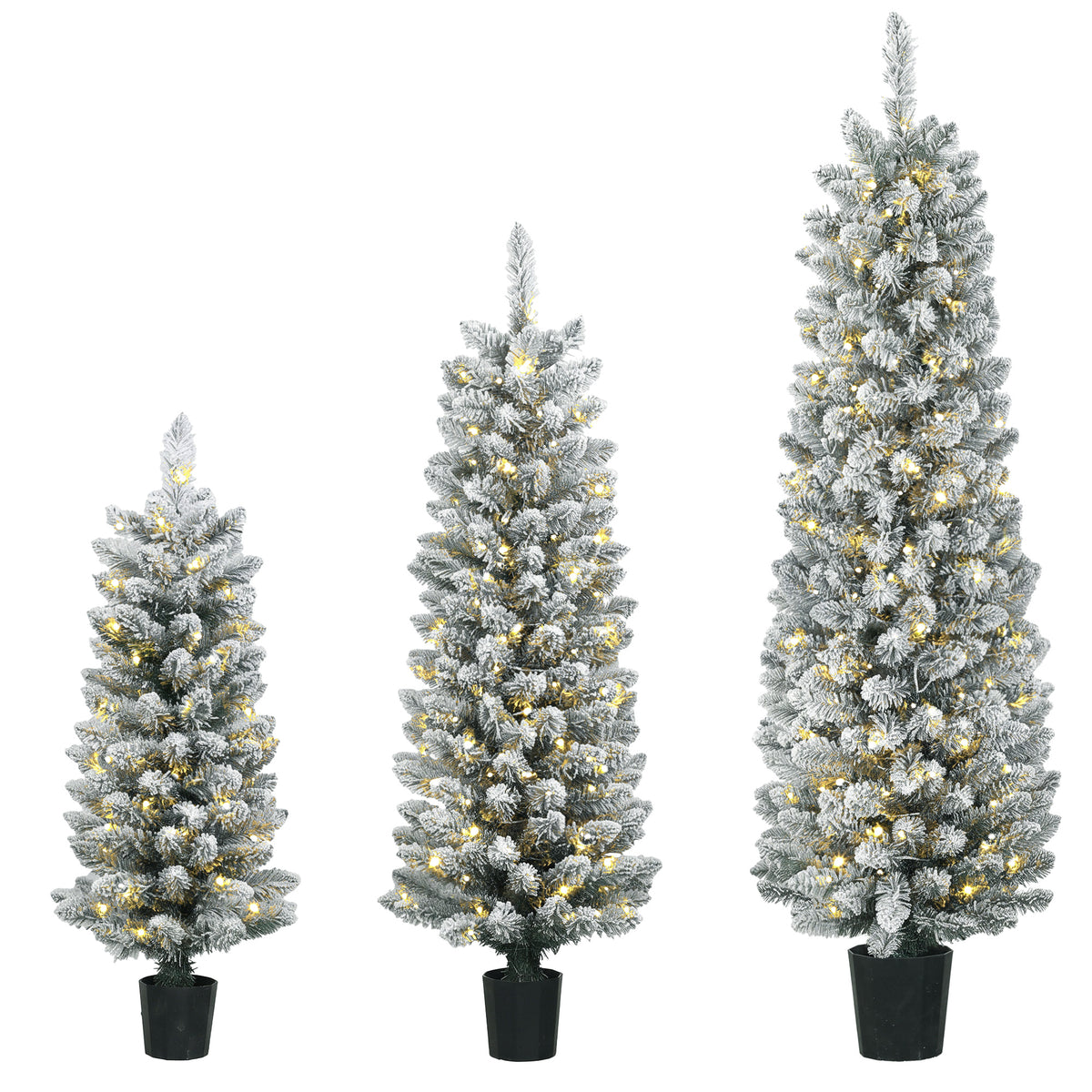 HOMCOM Prelit Snowy Flocked Artificial Christmas Tree Set Of 3, 3ft/4ft/5ft