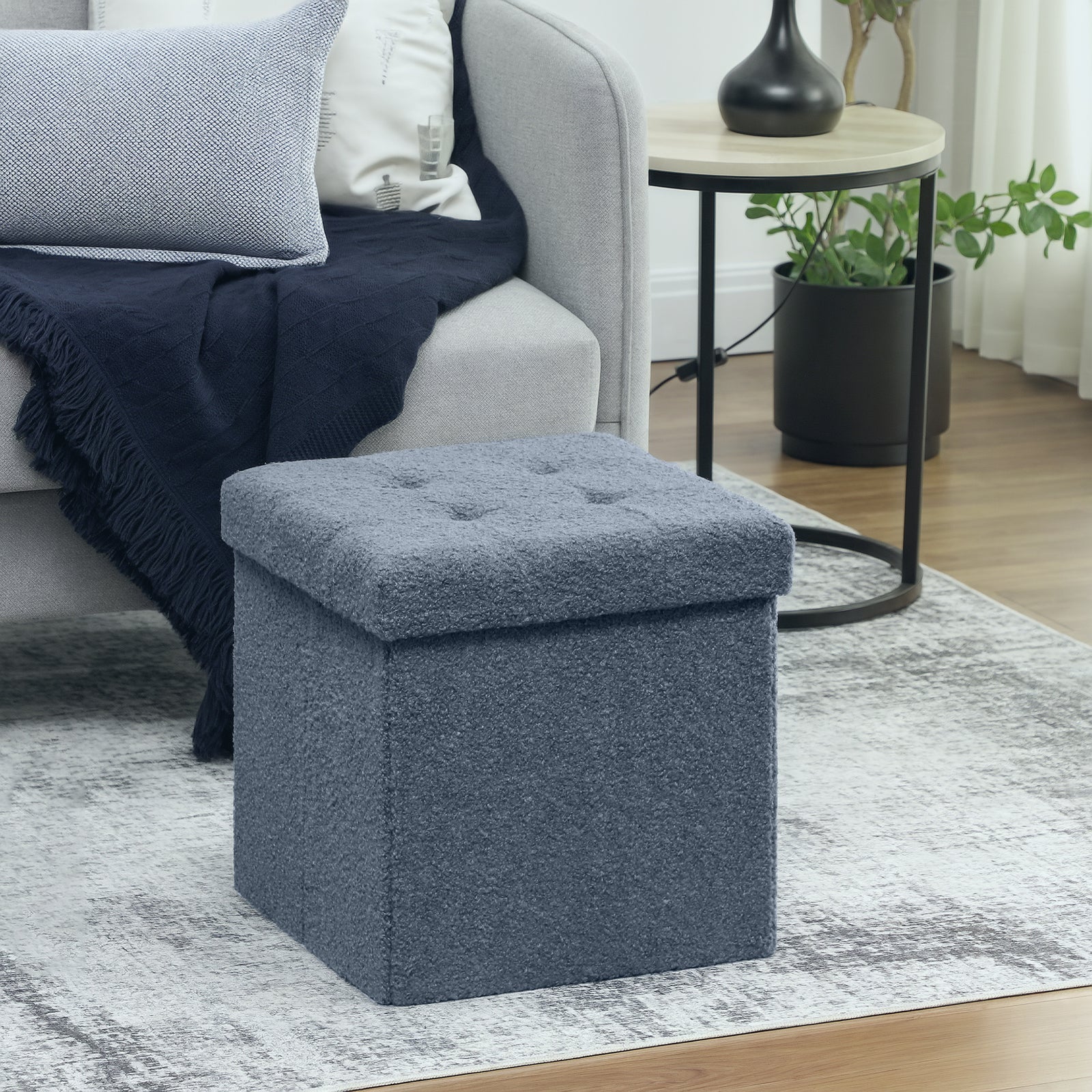 Foldable Sherpa Fleece Storage Ottoman, 38 x 38 x 38cm | Blue