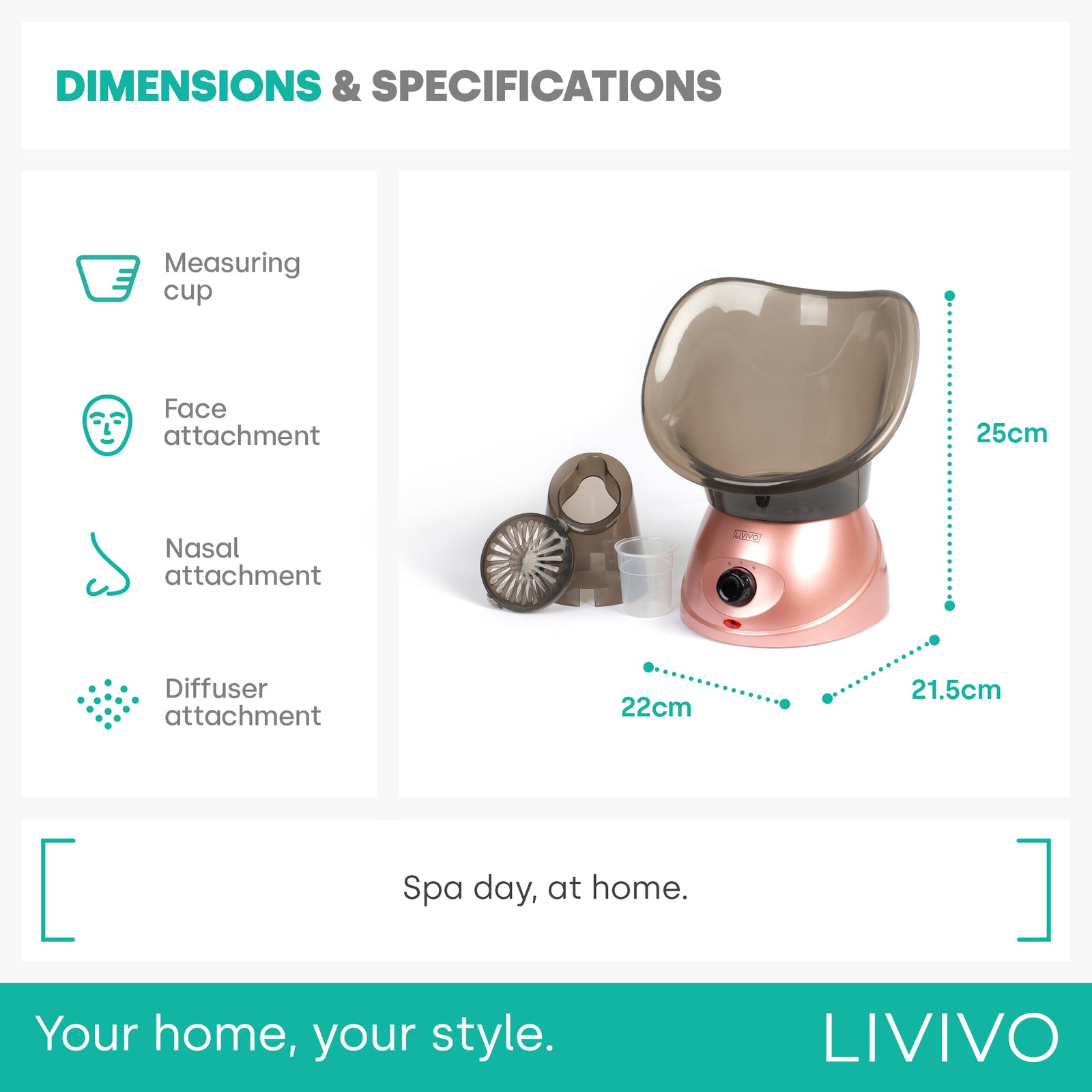 Livivo Facial Spa Steamer Rose Gold With Aromatherapy Diffuser And Nozzles