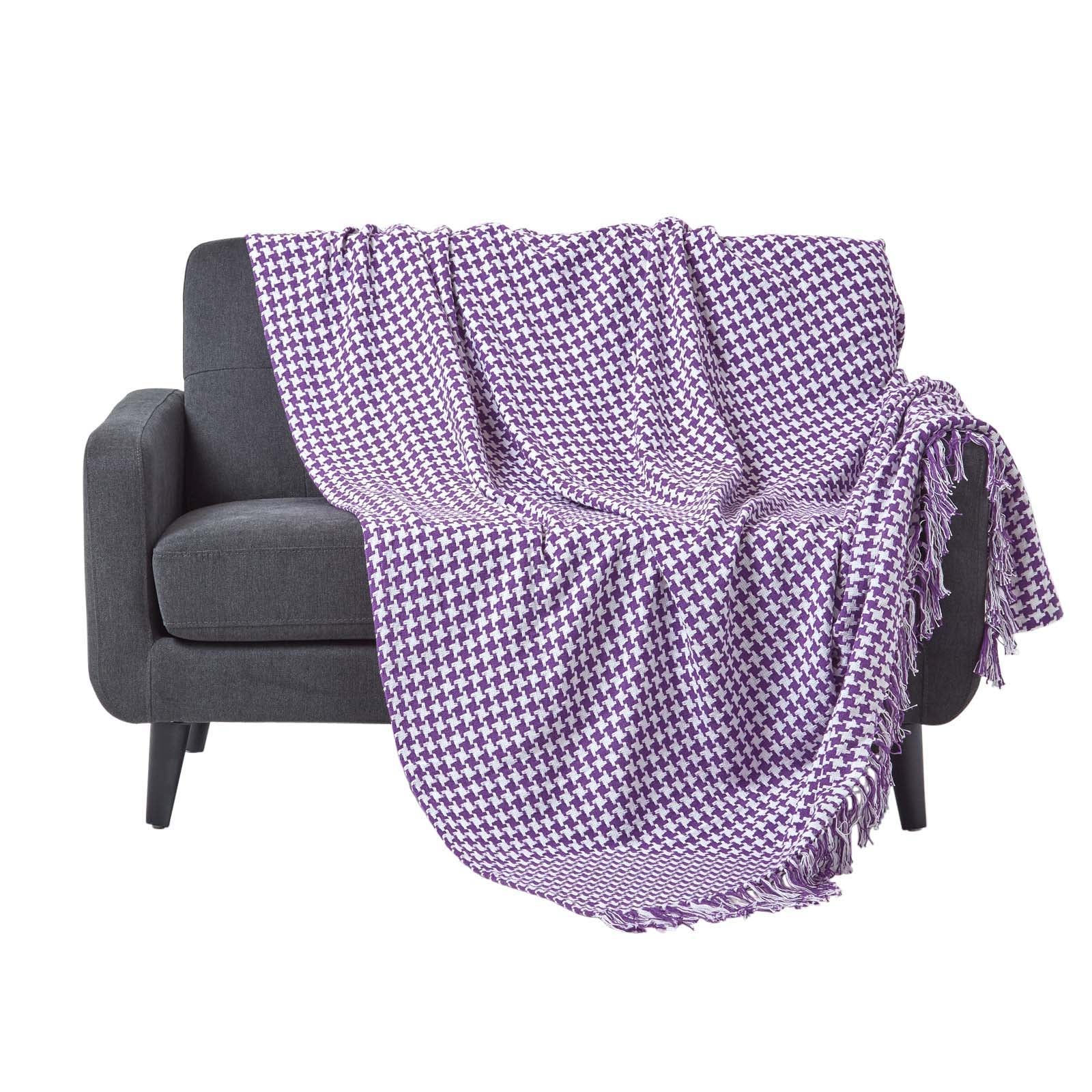 Houndstooth Design 100% Cotton Bedspread Throw | 225cm x 255cm | Purple