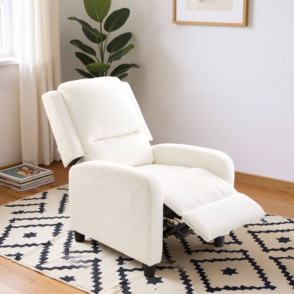 Living and Home Chenille Recliner Chair – Push-back Single Sofa With 140° Recline & Footrest, White Beige