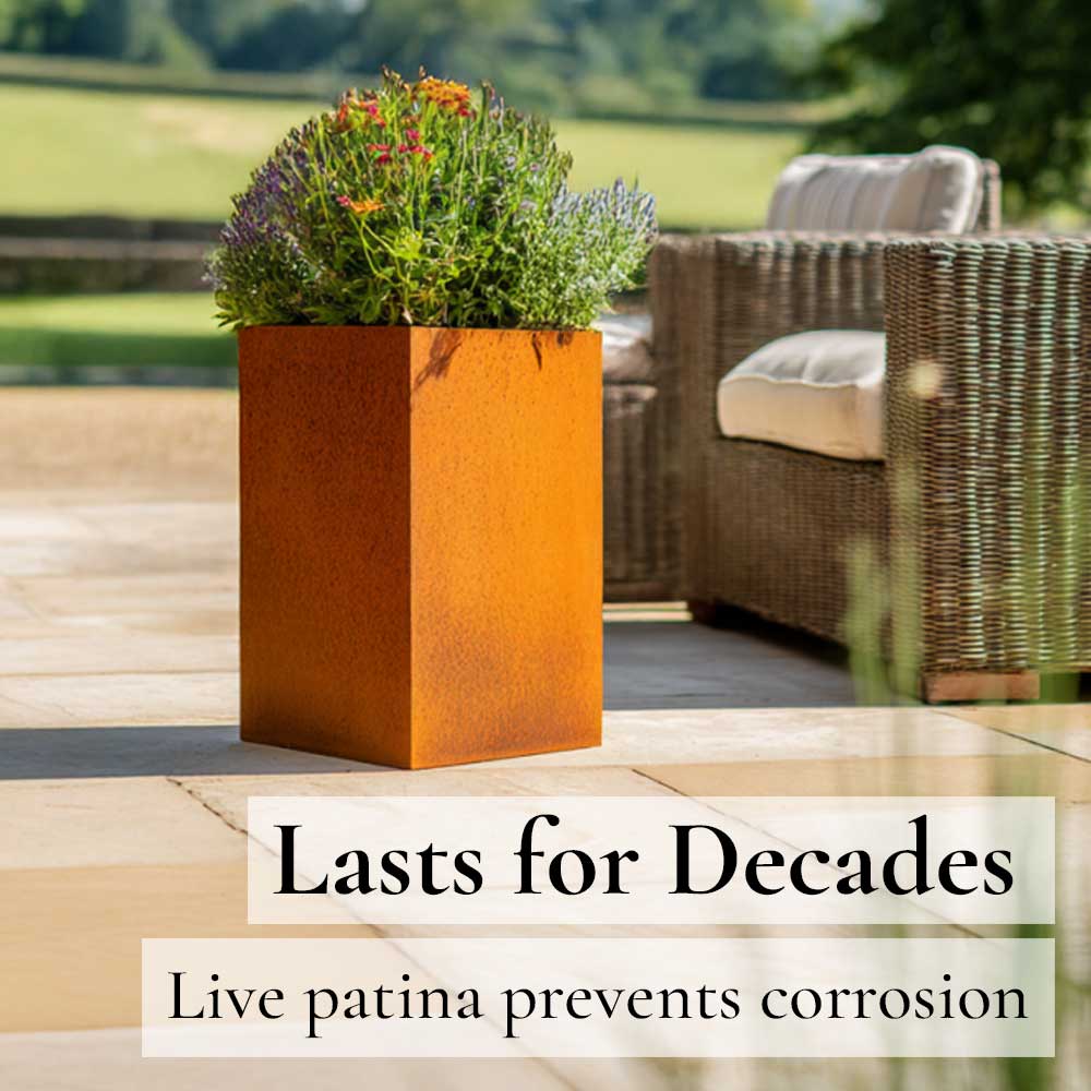 Corten Steel Tall Square Planter - Pre-rusted | 40cm x 40cm x 100cm | Brown
