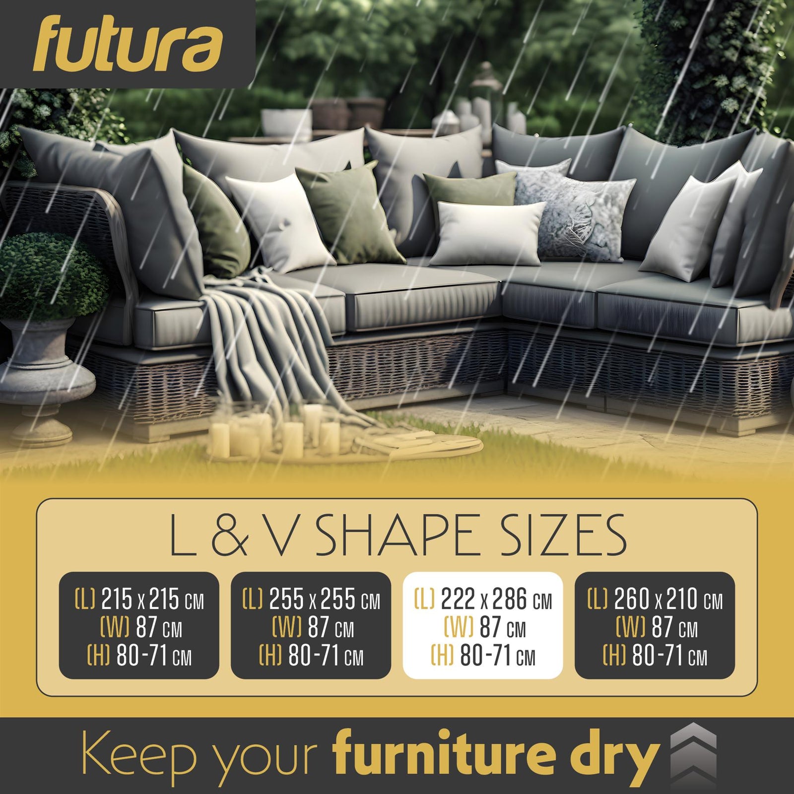 Premium L Shaped Waterproof Garden Furniture Cover, Outdoor Patio Weatherproof Rattan Sofa Guard | 222 x 286 x 80cm | Black