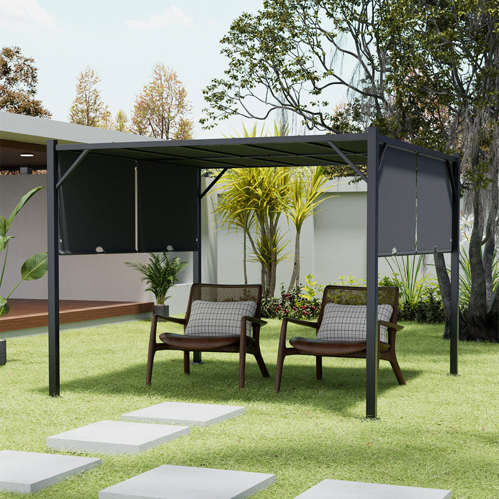 2.95m X 2.95m Steel Retractable Pergola With Flat Dark Grey Canopy Outdoor Sun Shelter For Garden Or Backyard